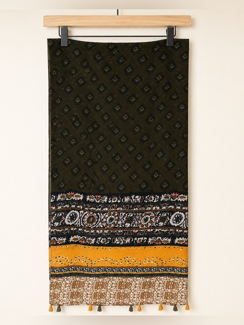 Olive Green & Mustard Printed Tassel Scarf Dupatta Shawl